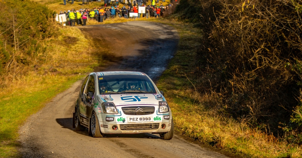 SF Engineering sponsored car competiting in the 2023 Galway International rally