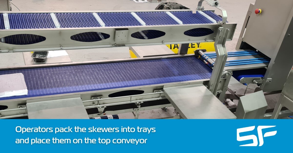 Operators pack the skewers into trays and place them on the top conveyor