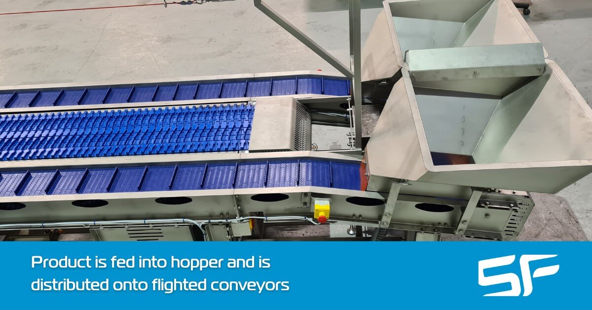 Product is fed into hopper and is distributed onto flighted conveyors